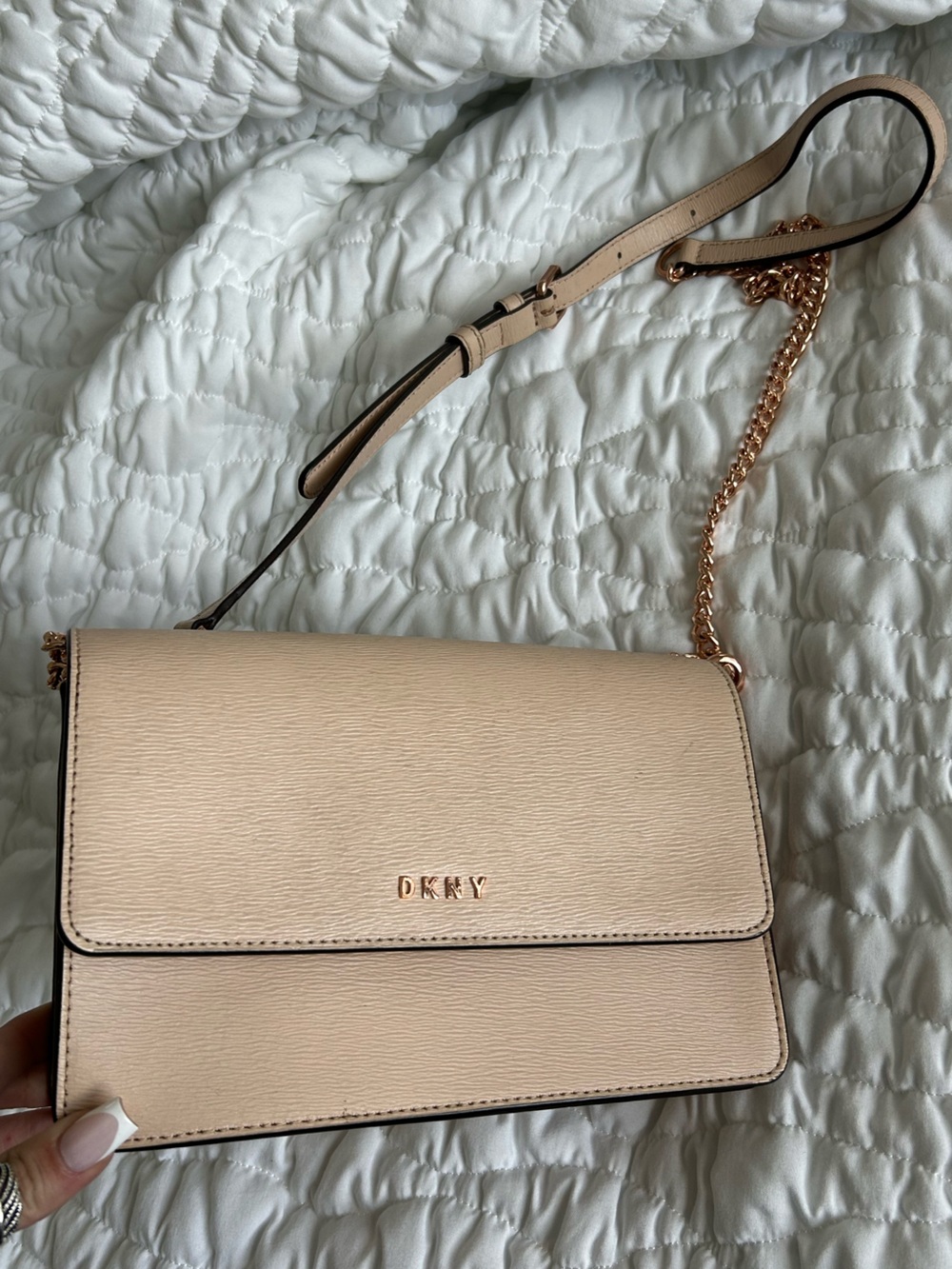 Dkny baby pink leather crossbody with rose gold chain strap